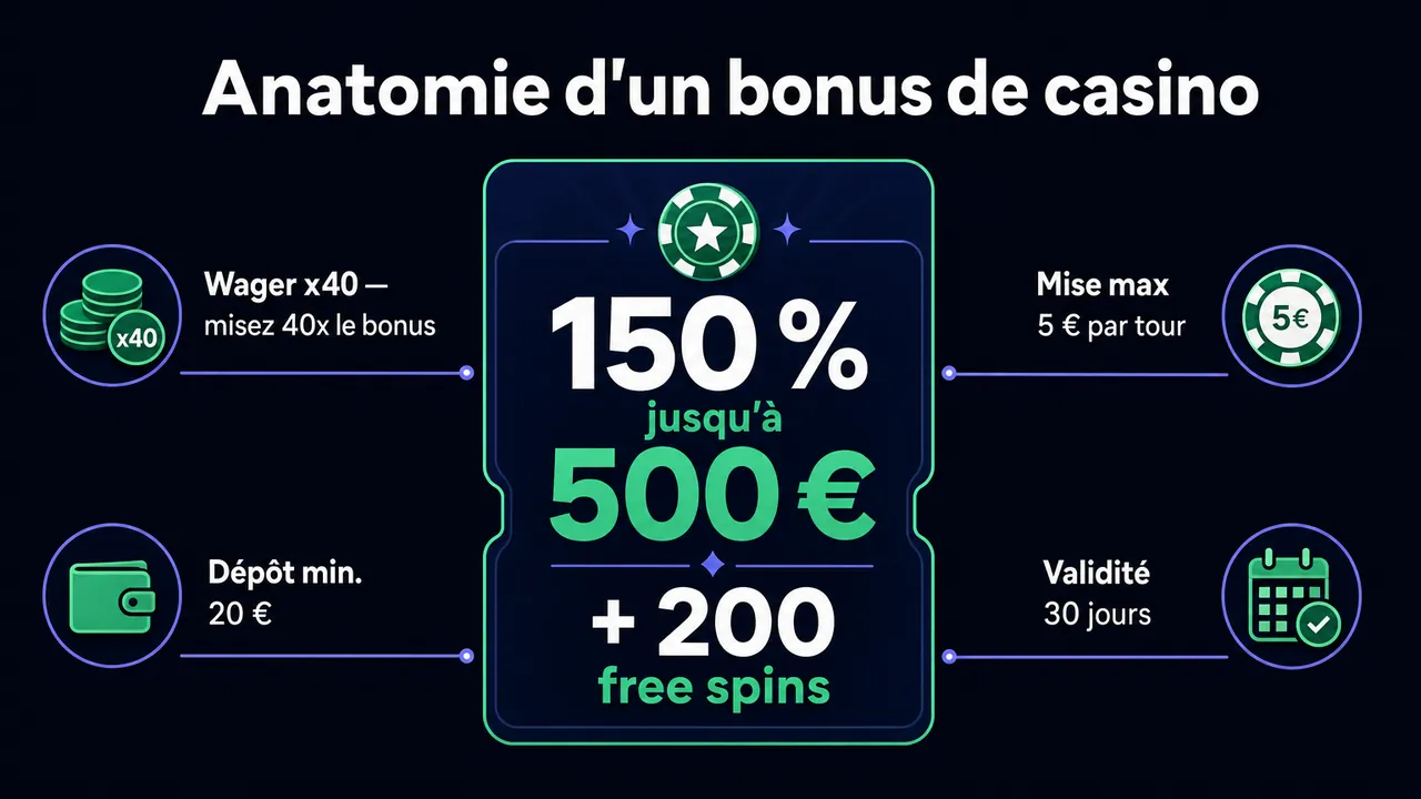 Infographie : lire les conditions d'un bonus de casino (wager, dépôt minimum, mise max, validité)