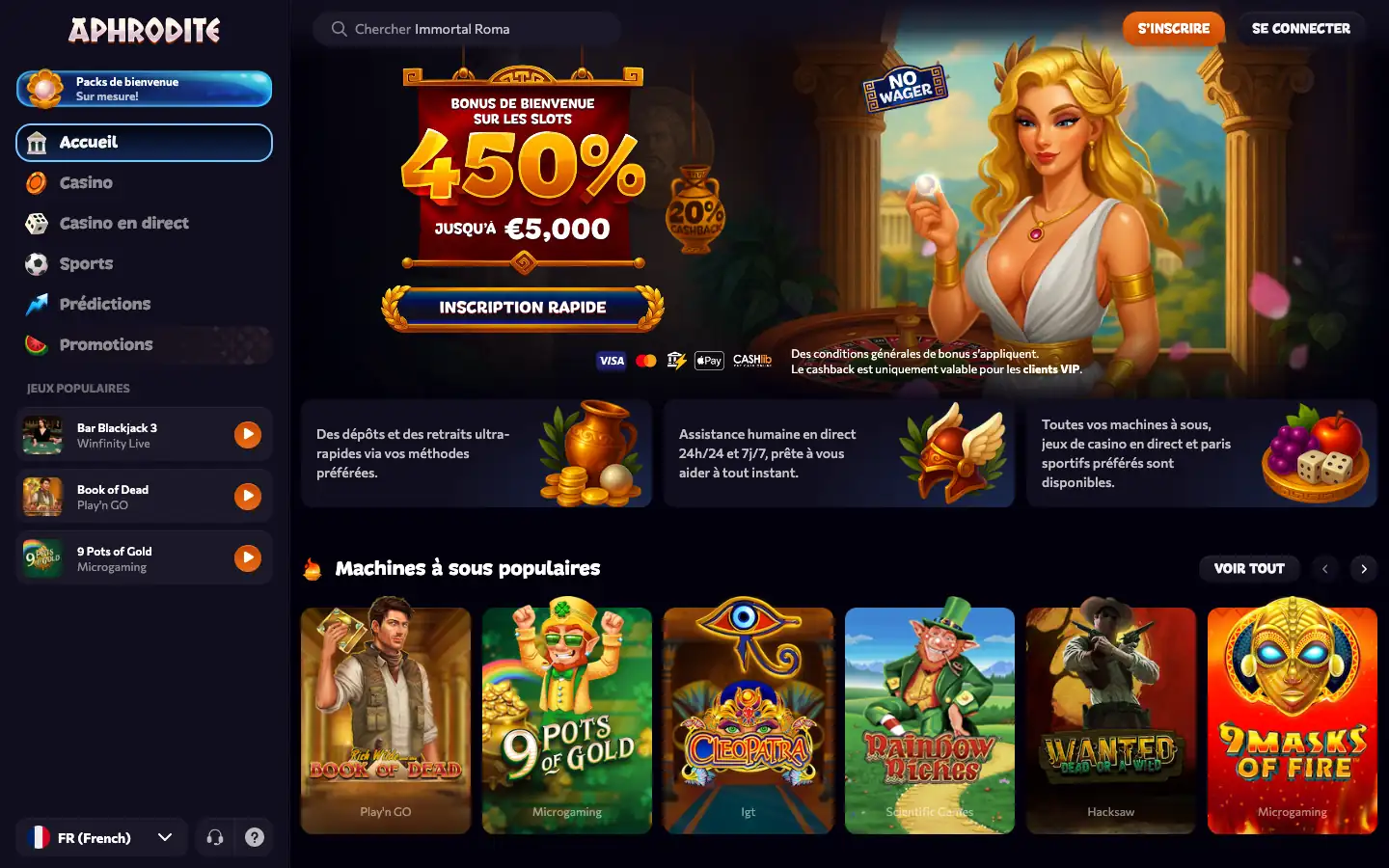 Page d'accueil et bonus de bienvenue