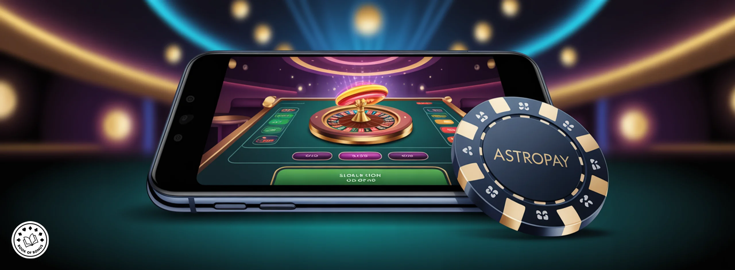 Un jeton AstroPay pose devant un telephone affichant une table de roulette, illustrant le depot par carte virtuelle sur un casino en ligne