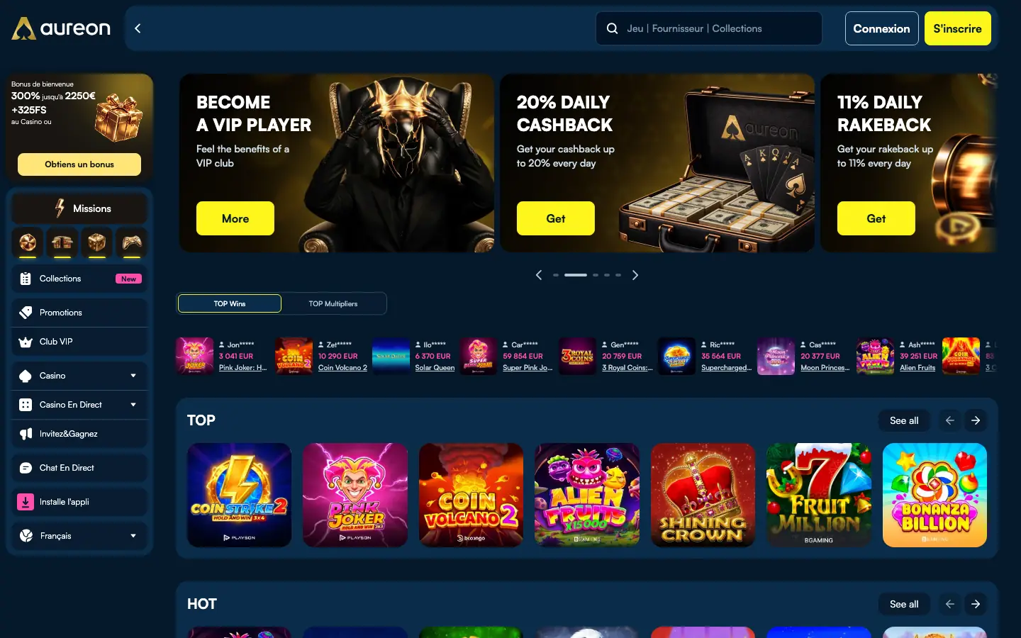 Page d'accueil d'Aureon Casino avec le pack de bienvenue 300 % et les bannières cashback et rakeback