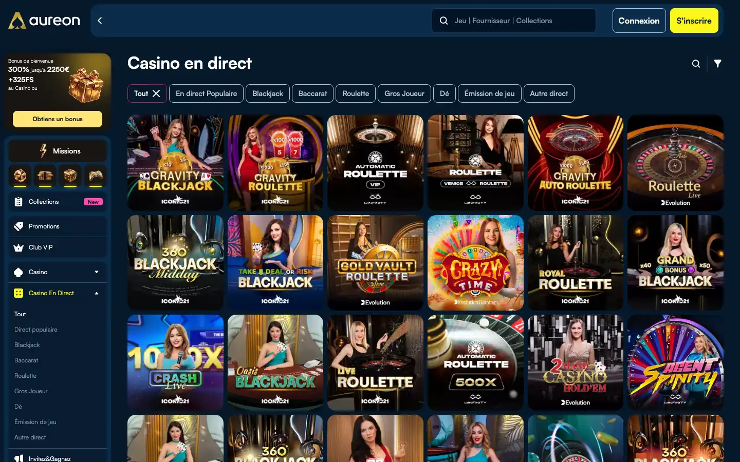 Tables du casino en direct d'Aureon : Evolution, ICONIC21 et Winfinity