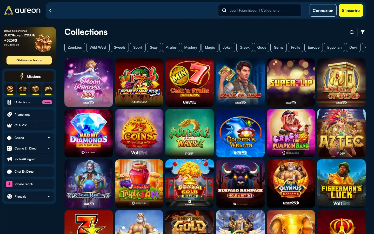 Rubrique Collections d'Aureon Casino qui classe les slots par thème