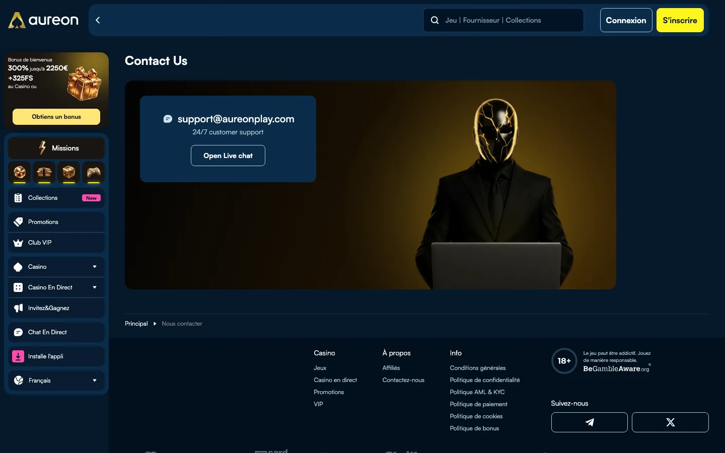 Page contact d'Aureon Casino avec l'adresse support et le bouton de chat en direct
