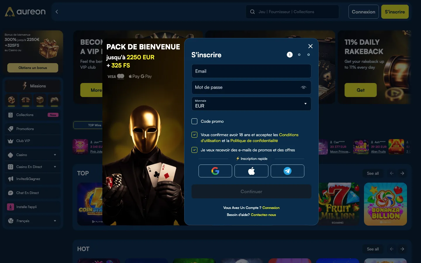 Formulaire d'inscription d'Aureon Casino : e-mail, mot de passe, devise et connexion Google, Apple ou Telegram