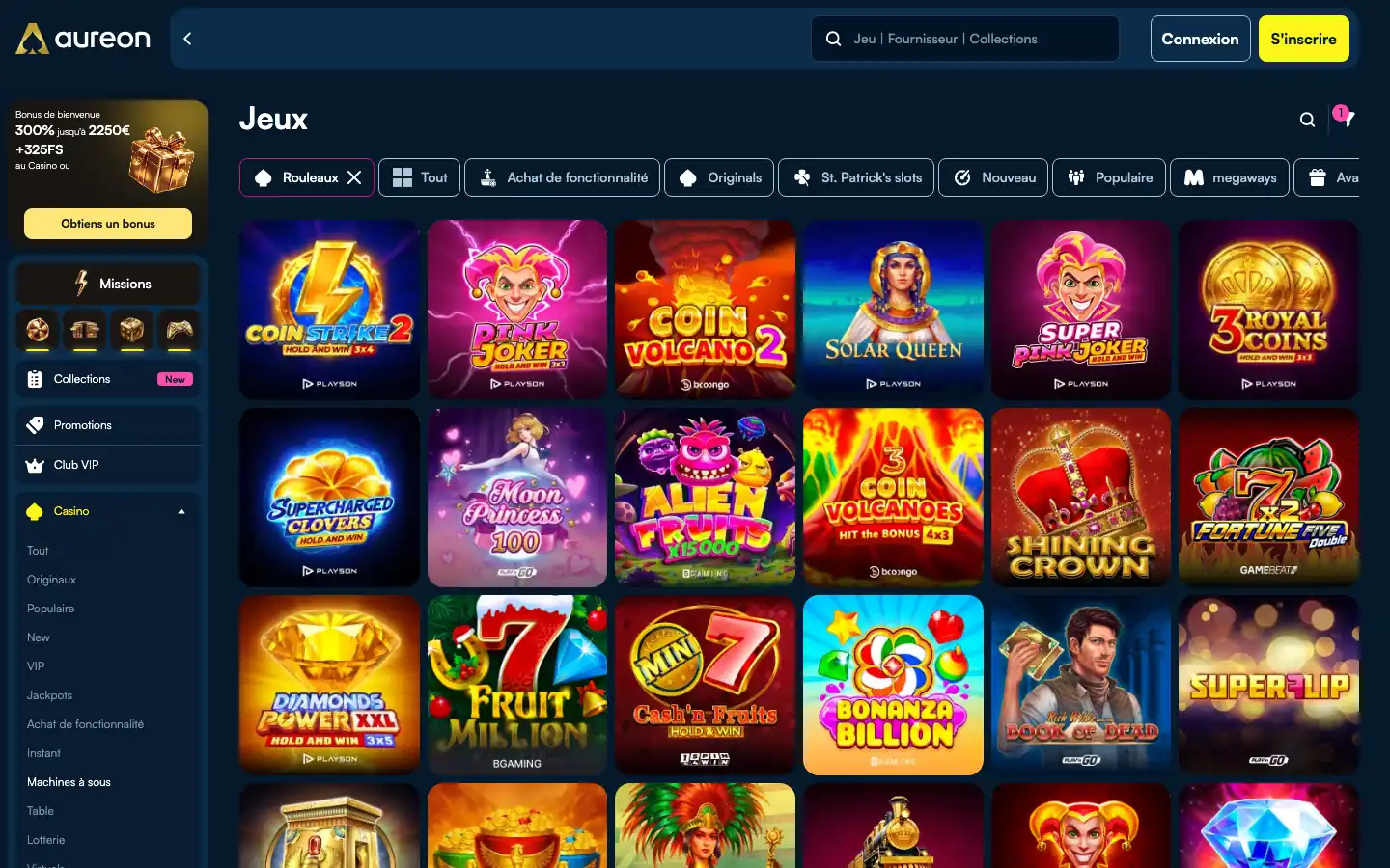 Lobby des machines à sous d'Aureon Casino avec les filtres par catégorie