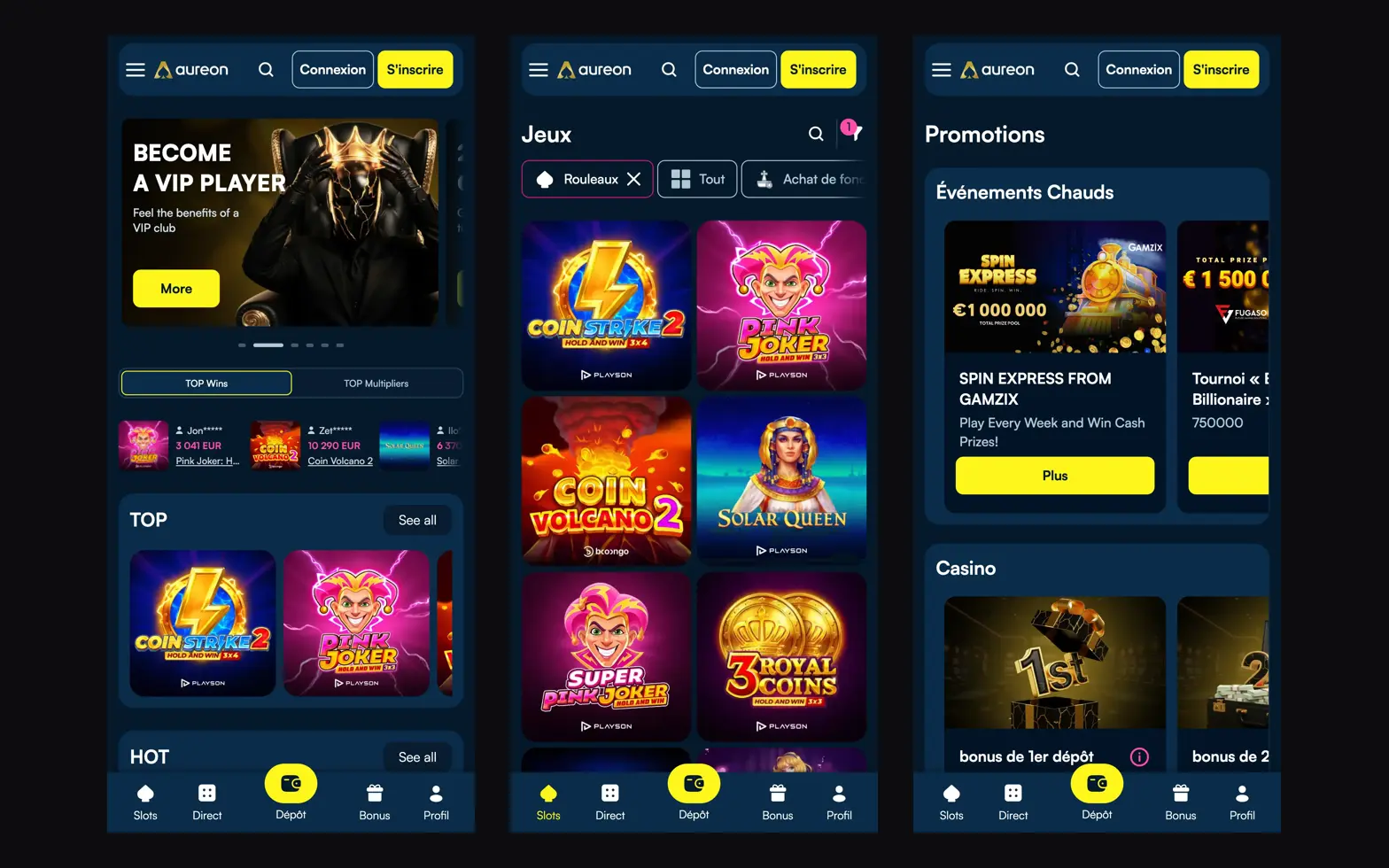 Aureon Casino sur mobile : accueil, lobby des slots et promotions