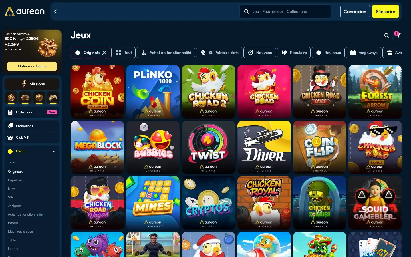 Jeux Originals d'Aureon Casino : Chicken Road, Plinko 1000, Mines et Crash