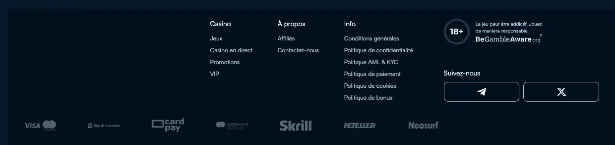 Pied de page d'Aureon Casino avec les logos Visa, Mastercard, Skrill, Neteller et Neosurf