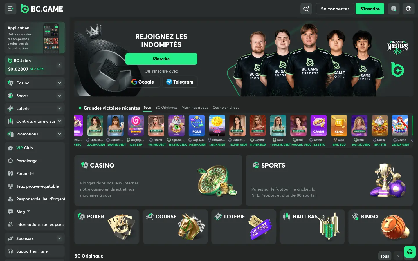 Page d’accueil de BC.GAME