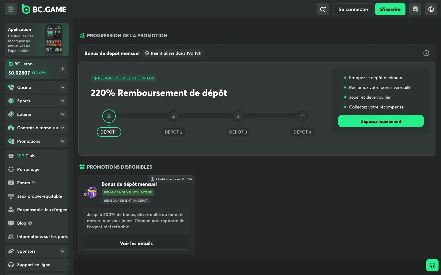 L’offre de bienvenue, 220 % de remboursement de dépôt