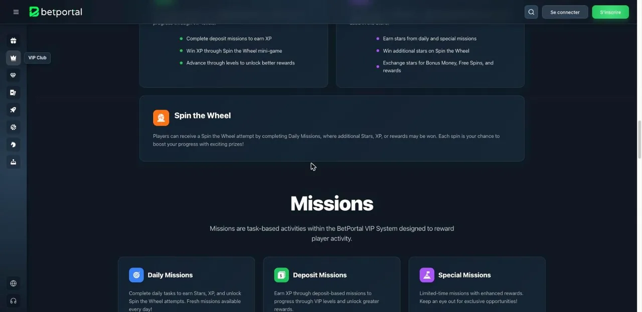 Roue à tourner et missions du programme VIP de BetPortal