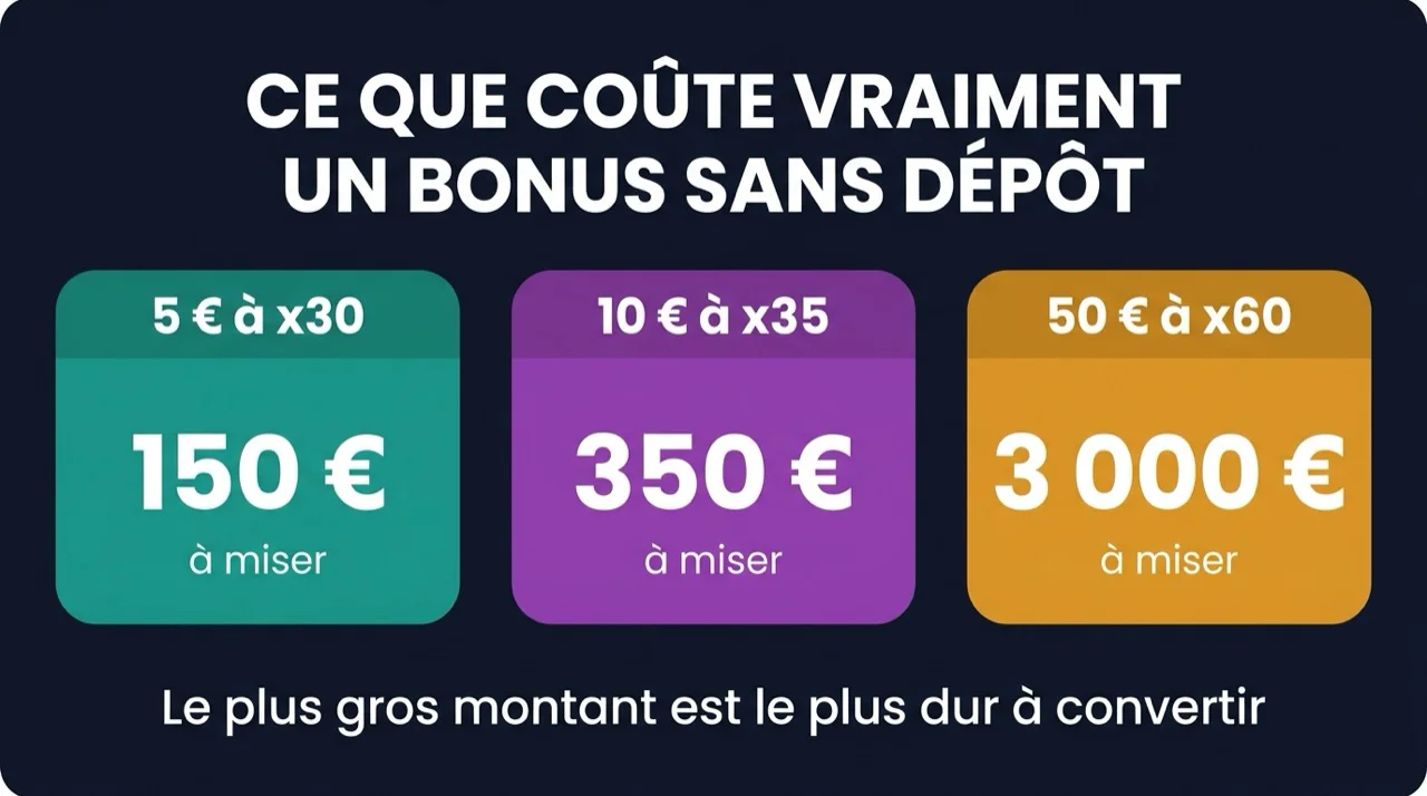 Infographie : ce que coûte vraiment un bonus sans dépôt, 5 € à x30 demandent 150 € de mises quand 50 € à x60 en demandent 3 000 €