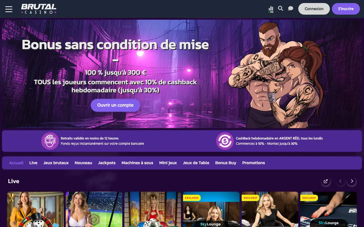 Page d'accueil de Brutal Casino avec le bonus sans condition de mise de 300 €