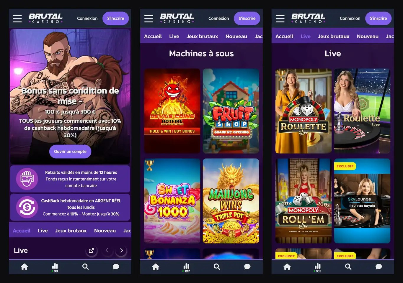 Version mobile de Brutal Casino : accueil, machines à sous et casino live