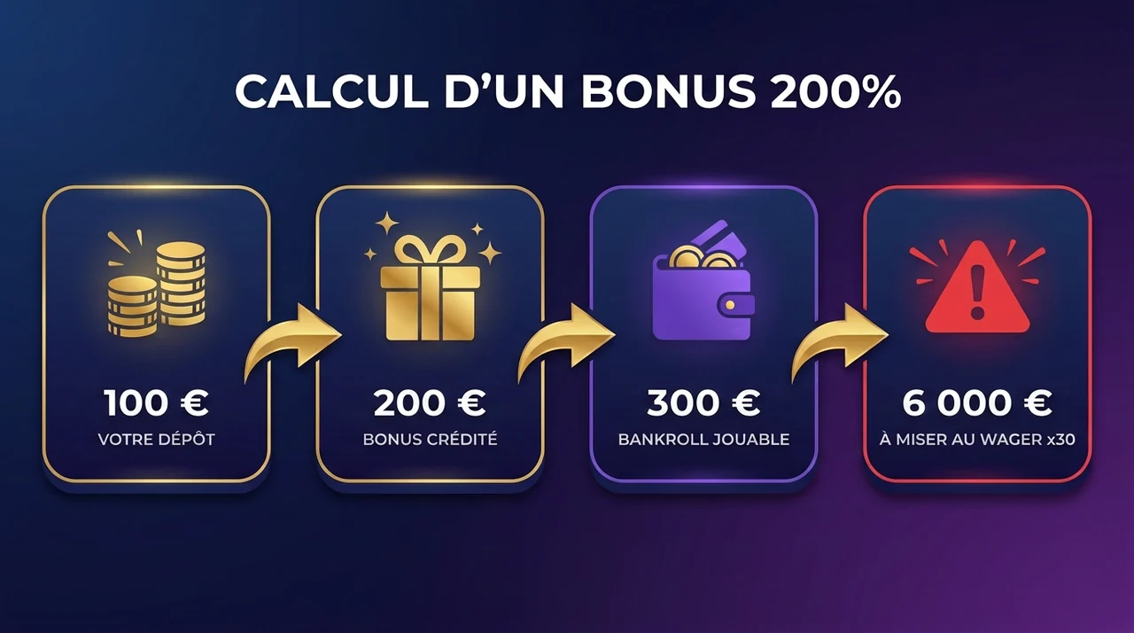 Calcul d'un bonus 200% : 100 € déposés donnent 200 € de bonus et 300 € de bankroll, soit 6 000 € à miser avec un wager x30
