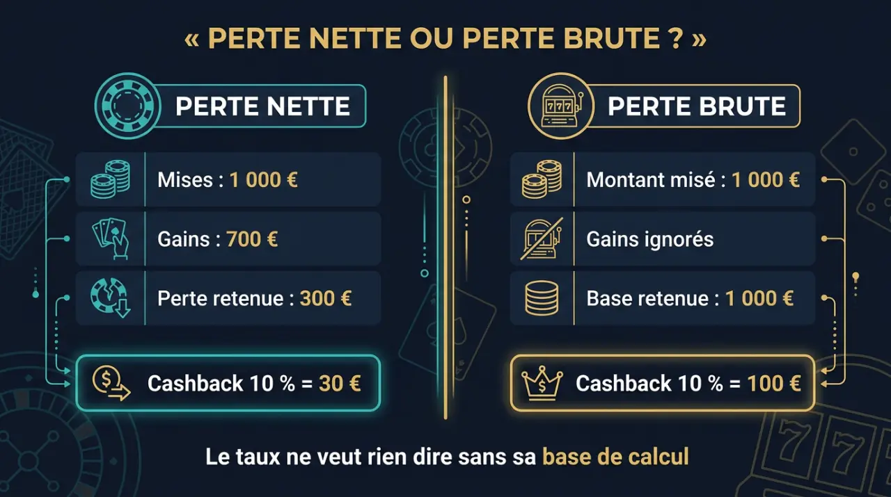 Perte nette ou perte brute : sur 1 000 € misés et 700 € de gains, un cashback de 10 % rend 30 € en perte nette contre 100 € en perte brute