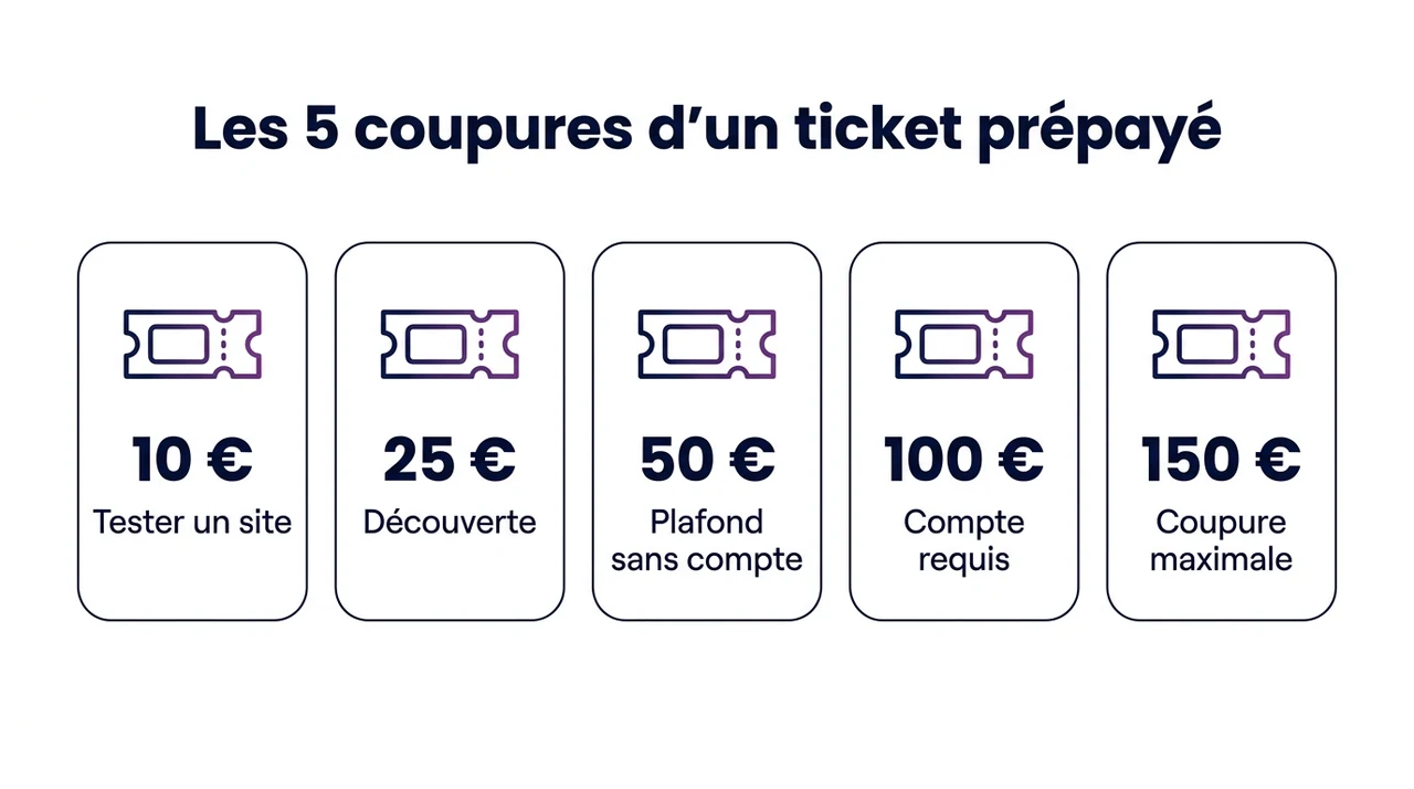 Les cinq coupures d'un ticket Cashlib, de 10 à 150 €, et l'usage auquel chacune correspond au casino