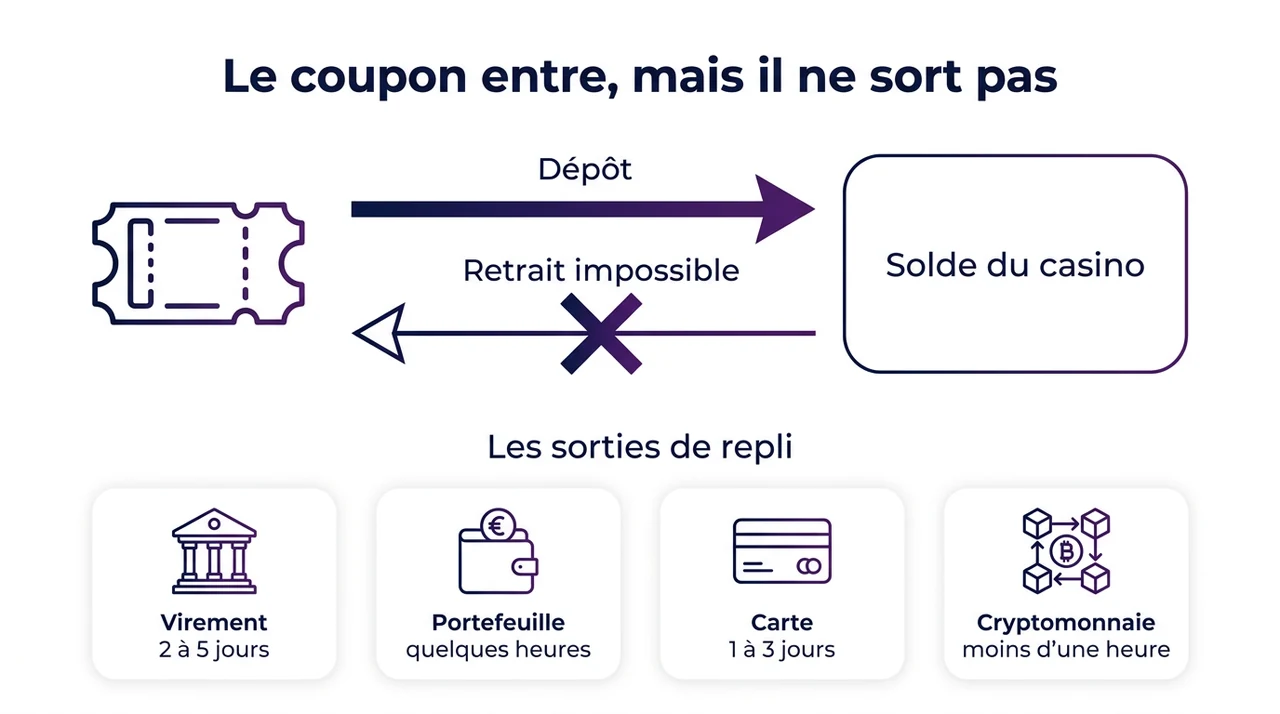 Le dépôt Cashlib crédite le compte immédiatement mais aucun retrait ne revient vers le coupon, quatre sorties de repli existent