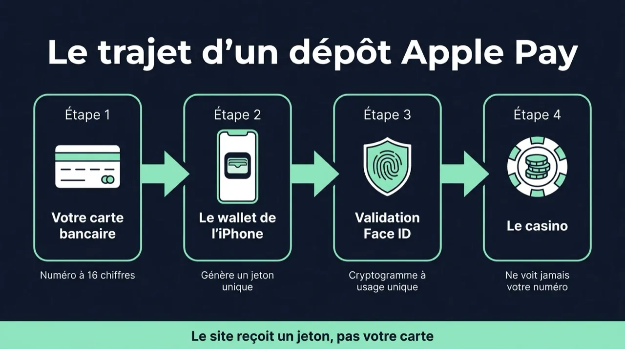 Le trajet d'un dépôt Apple Pay au casino : la carte bancaire, le wallet de l'iPhone qui génère un jeton unique, la validation Face ID avec cryptogramme à usage unique, puis le casino qui ne voit jamais le numéro de carte