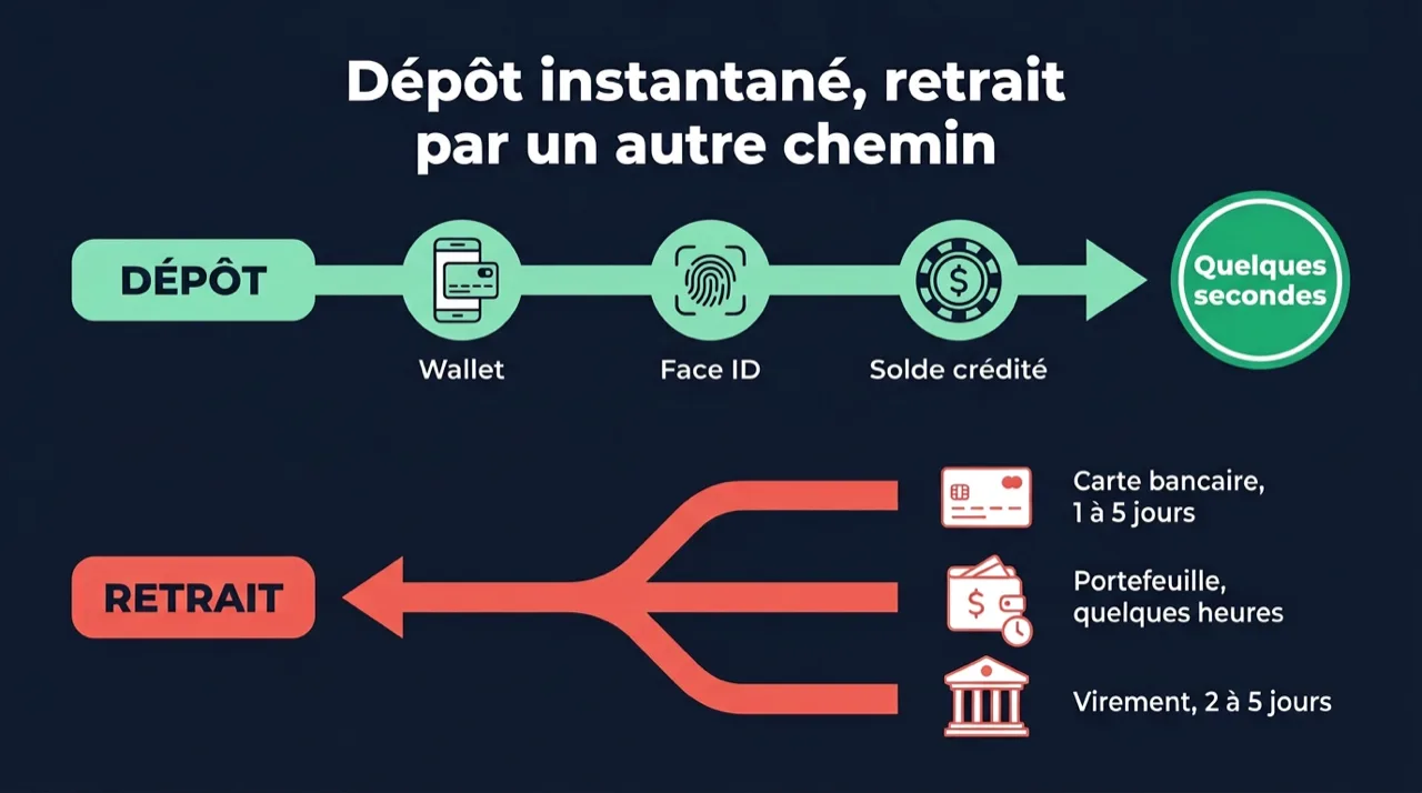 Dépôt Apple Pay instantané en quelques secondes via le wallet et Face ID, contre un retrait qui repasse par la carte bancaire en 1 à 5 jours, un portefeuille électronique en quelques heures ou un virement en 2 à 5 jours