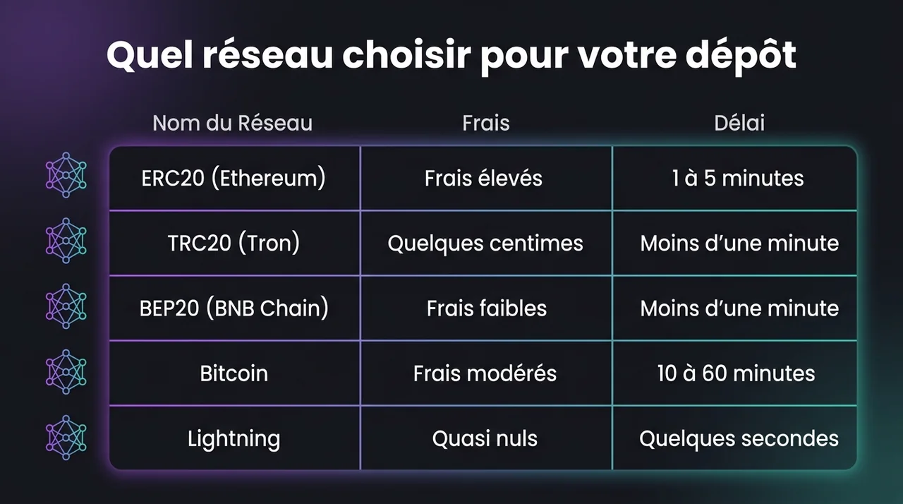 Comparatif des réseaux pour un dépôt sur un casino crypto : ERC20, TRC20, BEP20, Bitcoin et Lightning, avec leurs frais et leurs délais