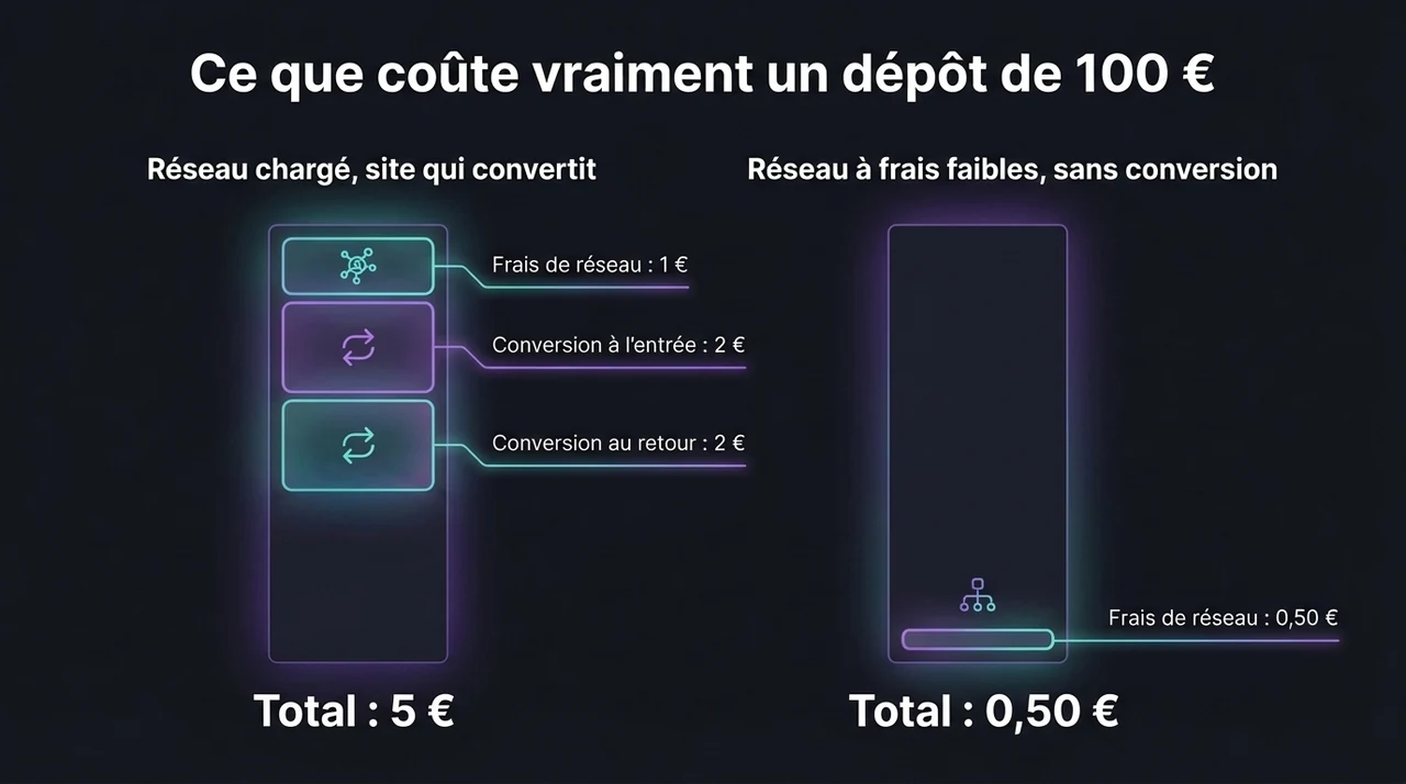 Coût réel d'un dépôt de 100 € en cryptomonnaie : 5 € sur un réseau chargé avec conversion, contre 0,50 € sur un réseau à frais faibles