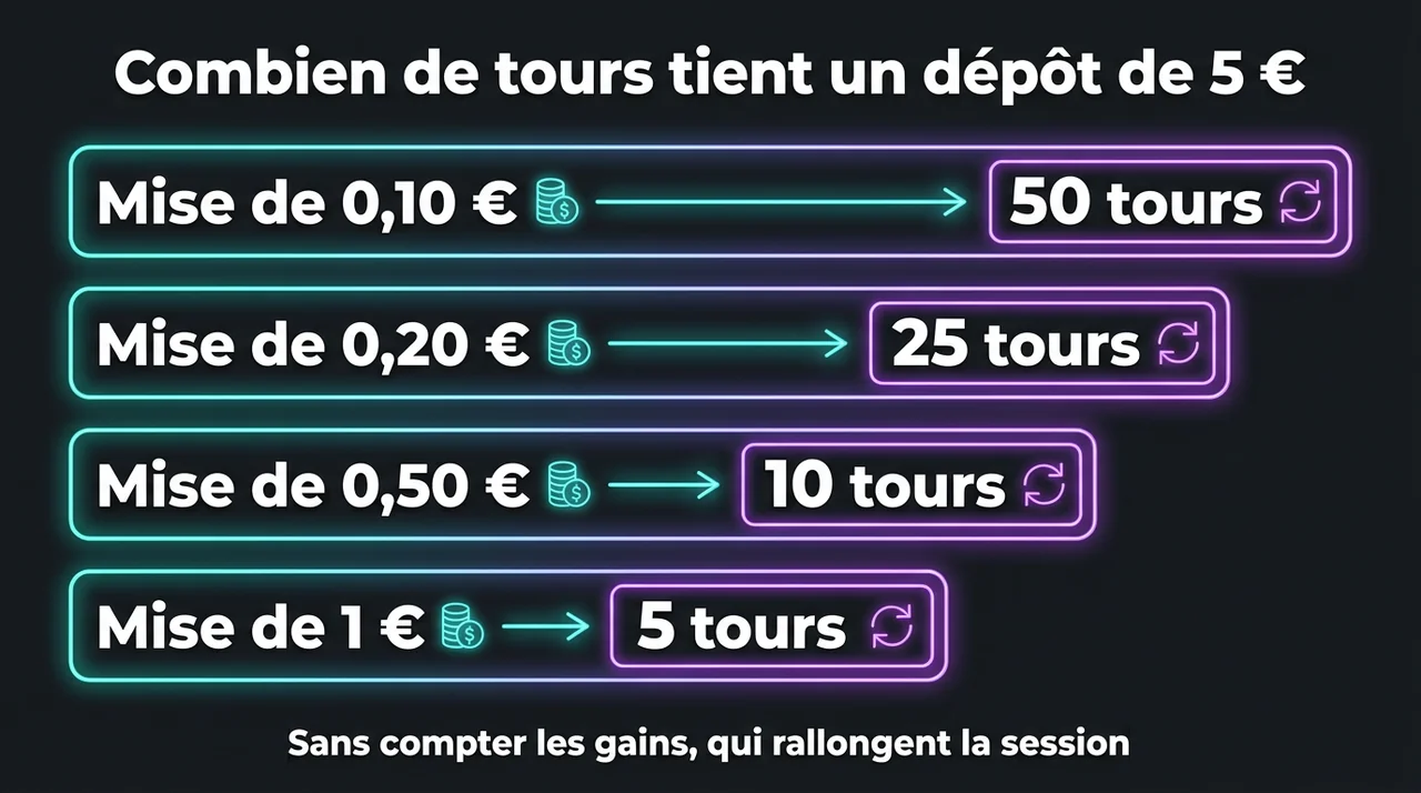 Nombre de tours de machine à sous que permet un dépôt de 5 euros selon la mise : 50, 25, 10 ou 5 tours