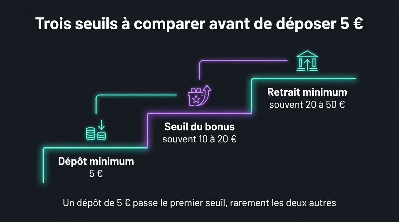 Les trois seuils d'un casino : dépôt minimum de 5 euros, seuil du bonus de 10 à 20 euros, retrait minimum de 20 à 50 euros