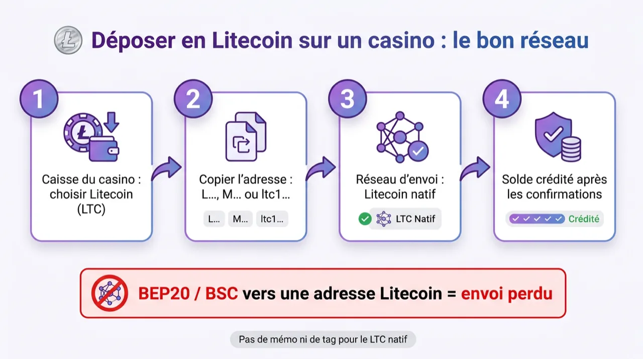 Déposer en Litecoin sur un casino : choisir LTC dans la caisse, copier l'adresse L, M ou ltc1, envoyer sur le réseau Litecoin natif et jamais en BEP20, puis attendre les confirmations
