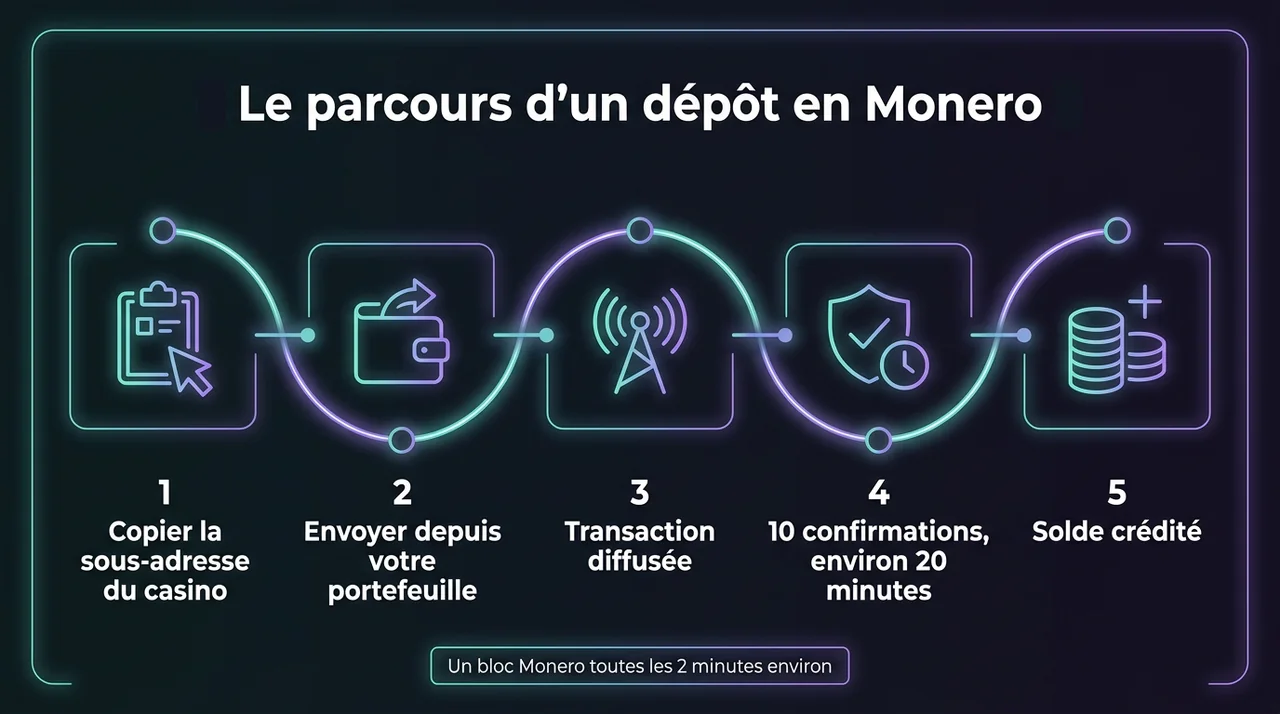 Le parcours d'un dépôt en Monero, de la sous-adresse du casino au solde crédité après 10 confirmations