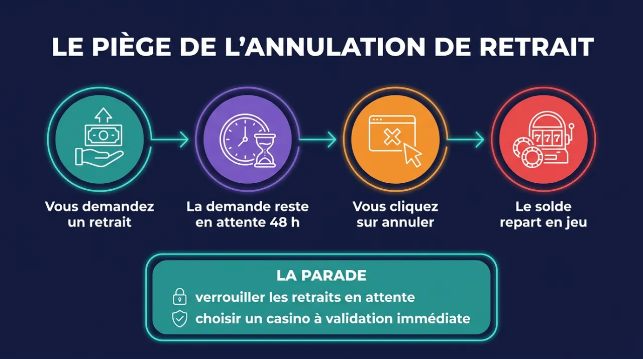 Infographie : le piège de l'annulation de retrait, de la demande en attente au solde qui repart en jeu