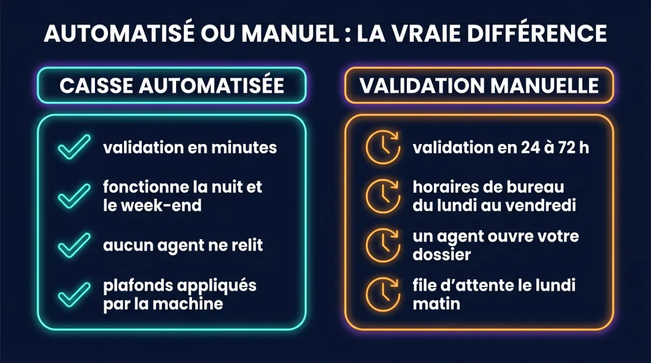 Infographie : caisse automatisée contre validation manuelle, ce qui change sur le délai de retrait