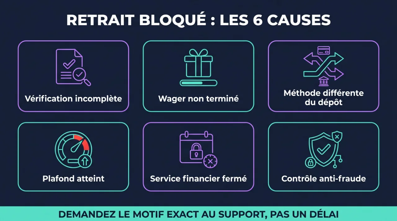 Infographie : les 6 causes de blocage d'un retrait sur un casino en ligne