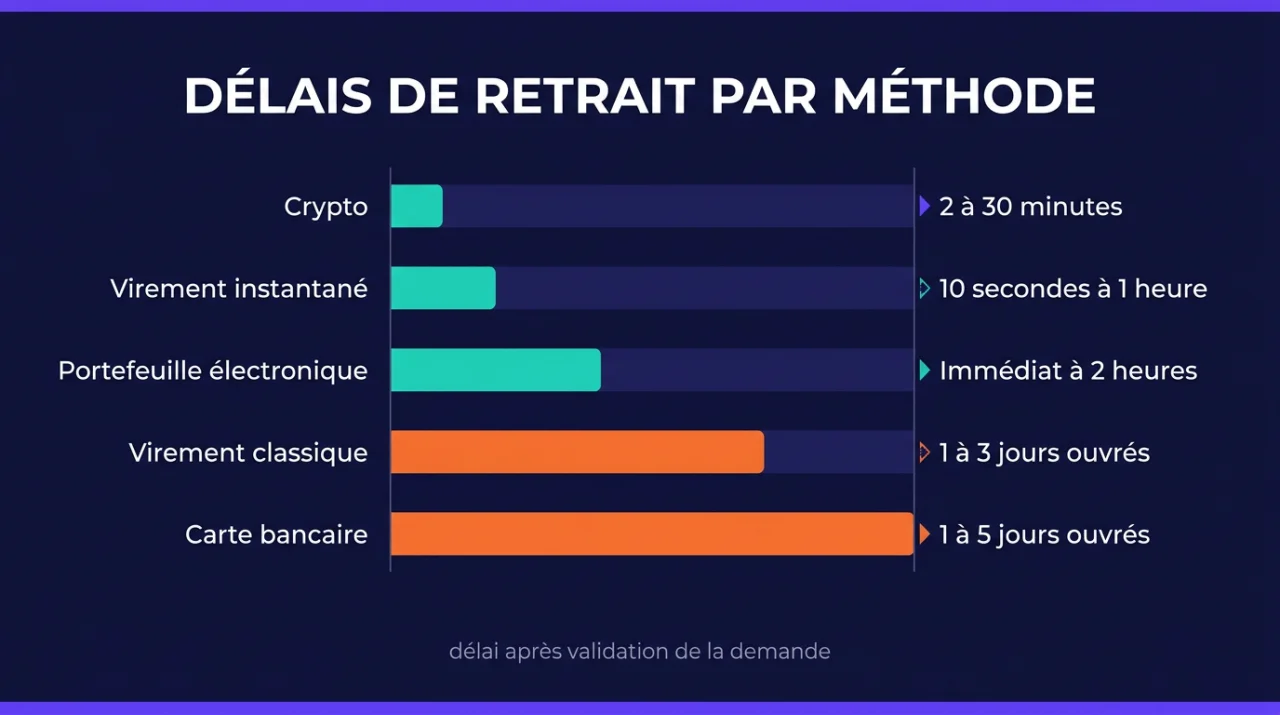 Infographie : délais de retrait par méthode, crypto, virement instantané, portefeuille électronique, carte bancaire