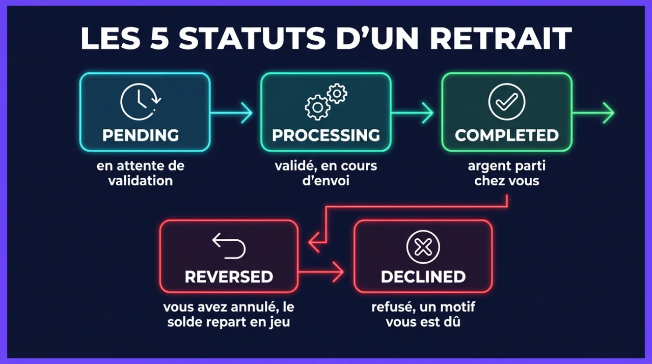 Infographie : les 5 statuts d'un retrait de casino, pending, processing, completed, reversed, declined