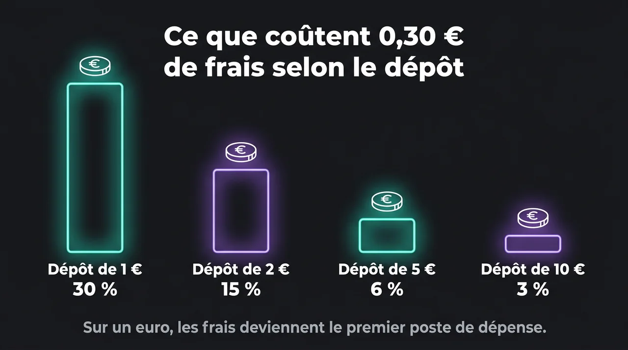 Ce que coûtent 0,30 euro de frais selon le dépôt : 30 % d'un dépôt de 1 euro, 15 % de 2 euros, 6 % de 5 euros et 3 % de 10 euros