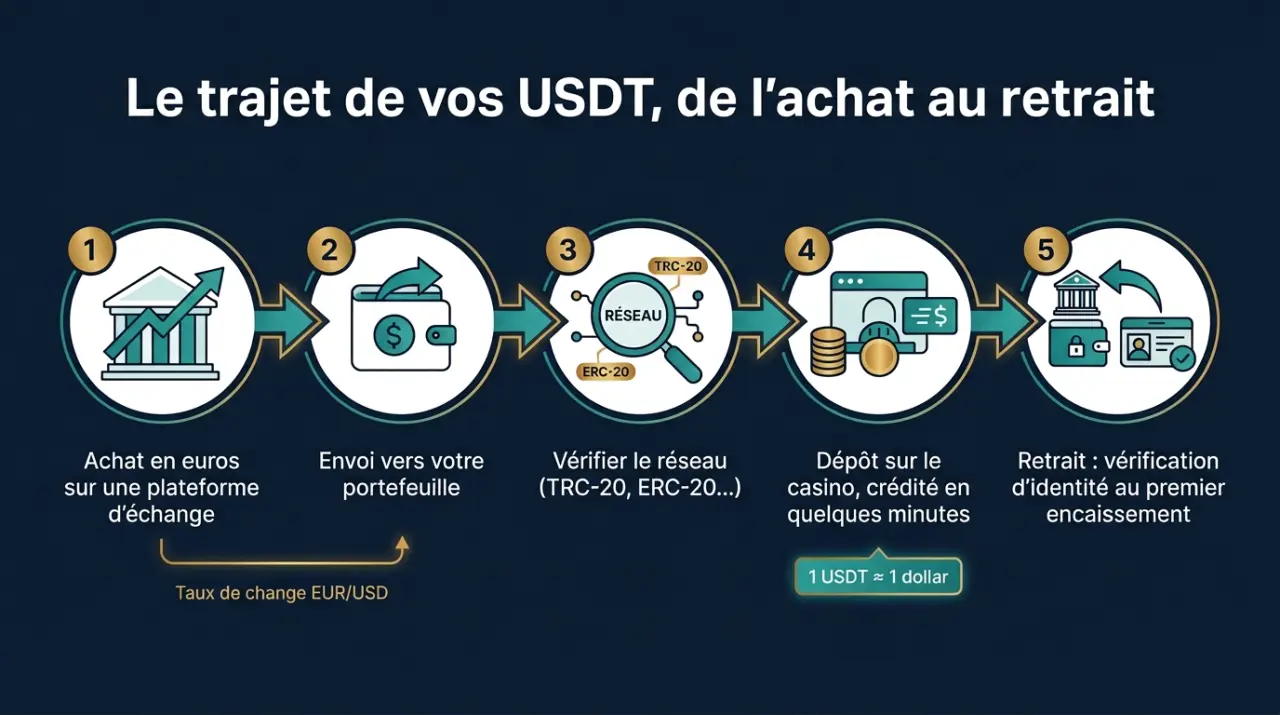 Le trajet des USDT vers un casino : achat en euros sur une plateforme d'échange, envoi vers un portefeuille, vérification du réseau, dépôt puis retrait