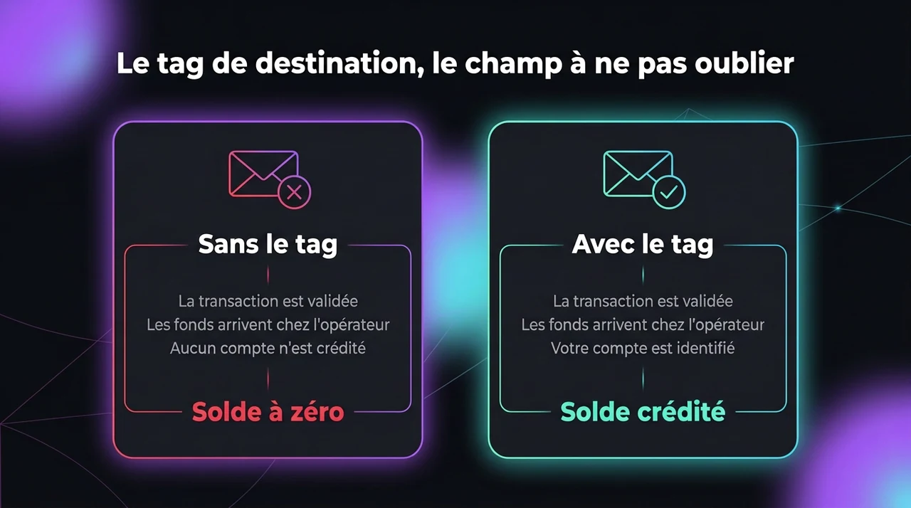 Dépôt XRP avec et sans tag de destination : solde crédité contre solde à zéro