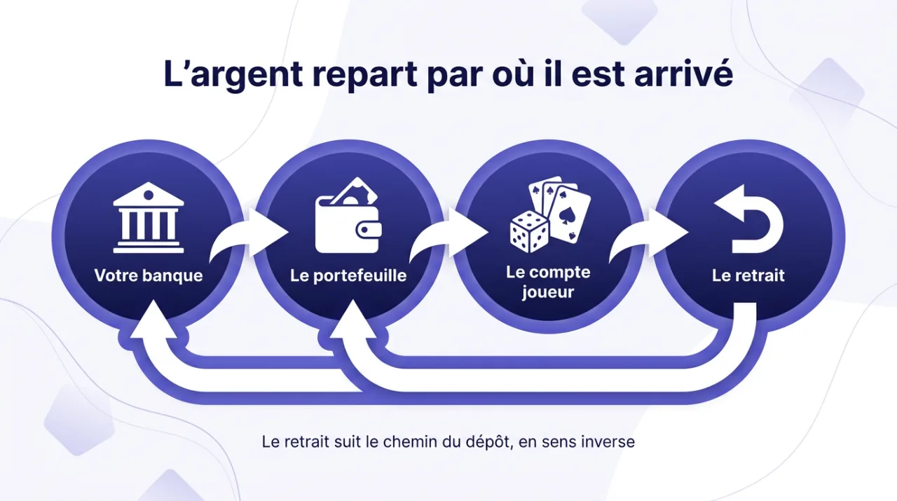 Le chemin de l'argent sur un casino MiFinity : de la banque au portefeuille, du portefeuille au compte joueur, puis le retrait en sens inverse
