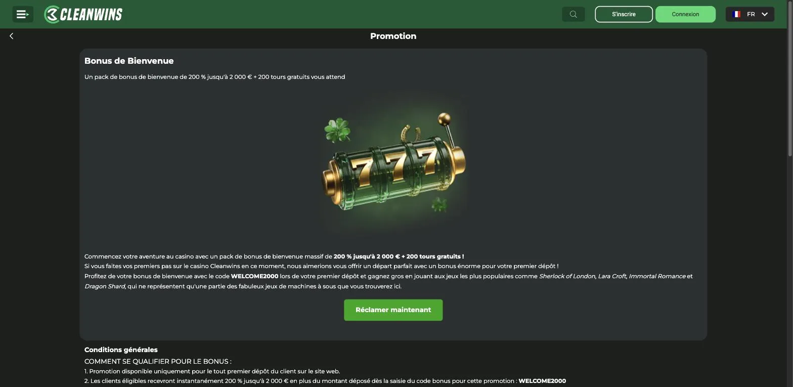Bonus de bienvenue 200% CleanWins