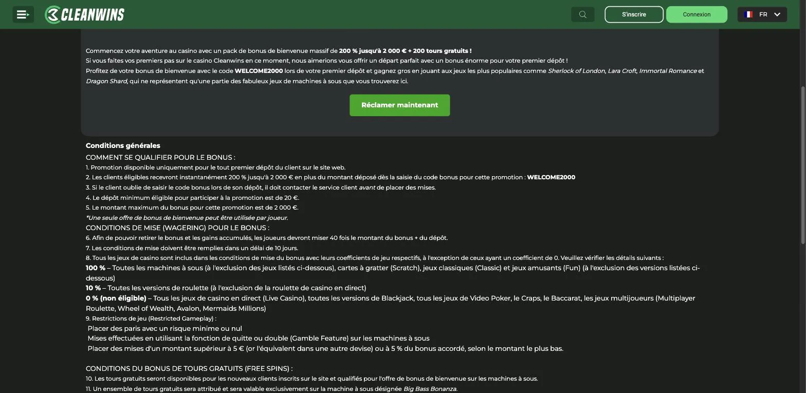 Conditions du bonus de bienvenue CleanWins