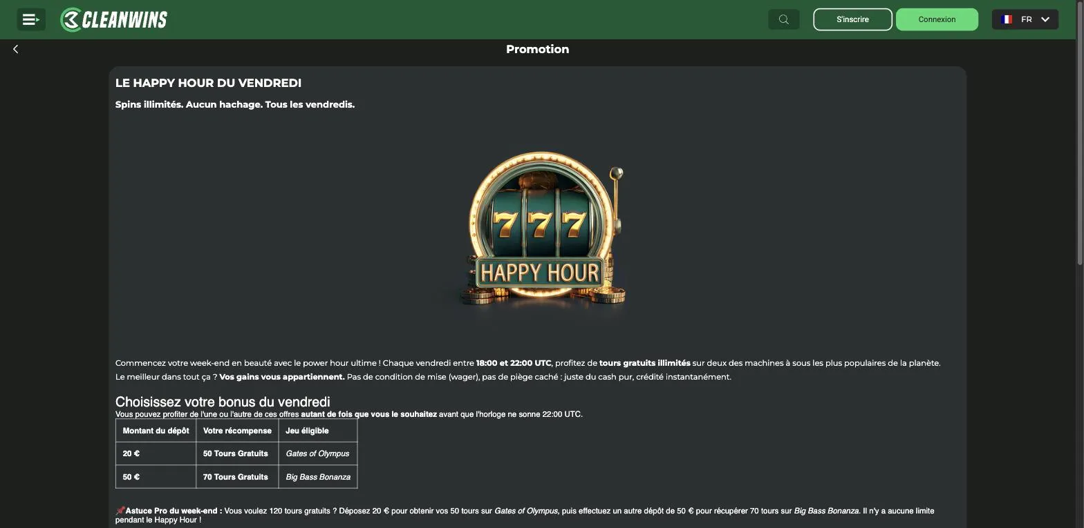 Happy Hour du vendredi CleanWins Casino