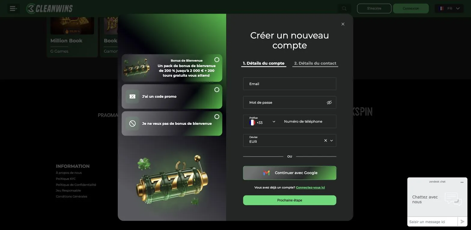 Formulaire d'inscription CleanWins Casino