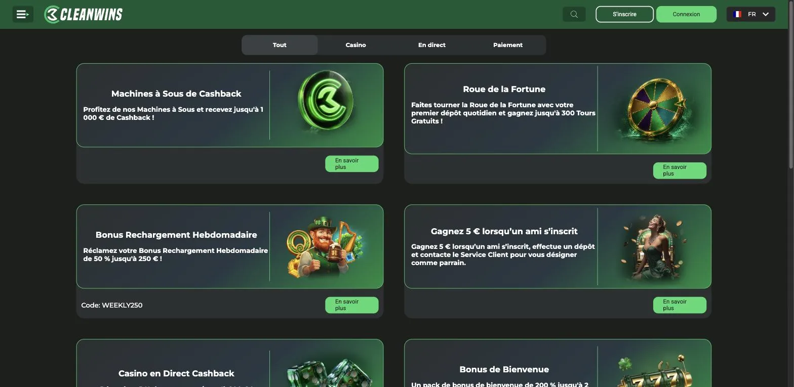 Page des promotions CleanWins Casino