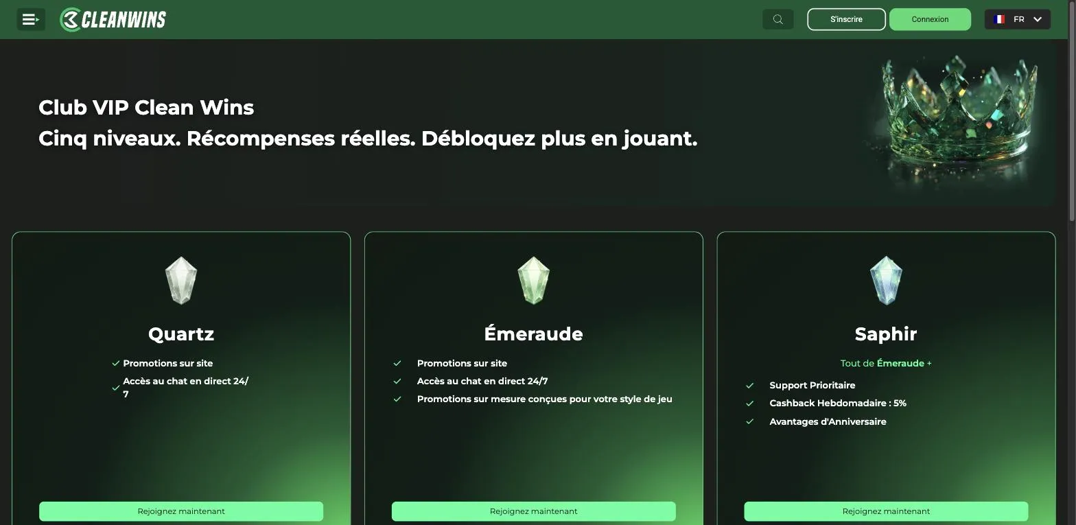 Club VIP CleanWins avec niveaux Quartz, Émeraude et Saphir