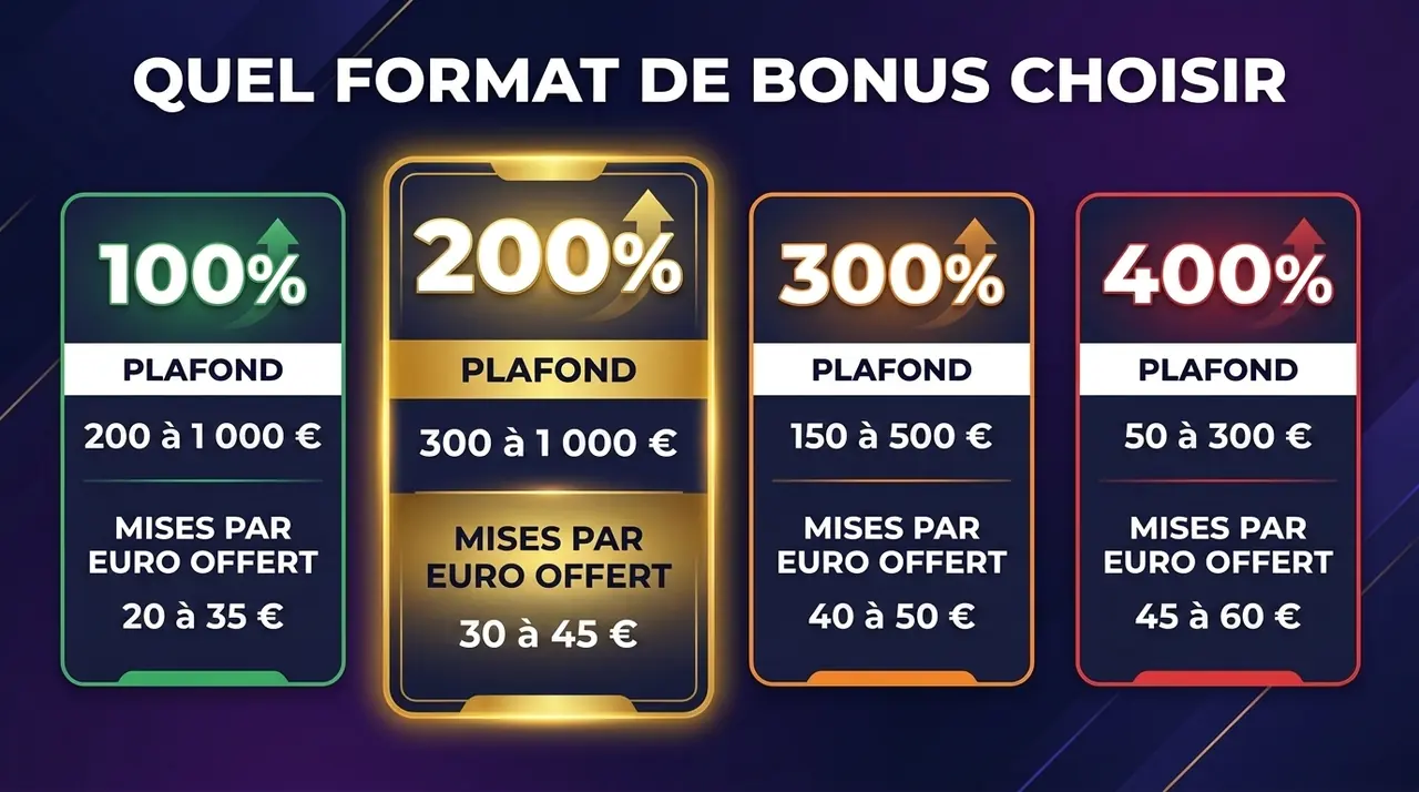 Comparatif des formats de bonus casino : 100 %, 200 %, 300 % et 400 % avec leur plafond et le volume de mises par euro offert