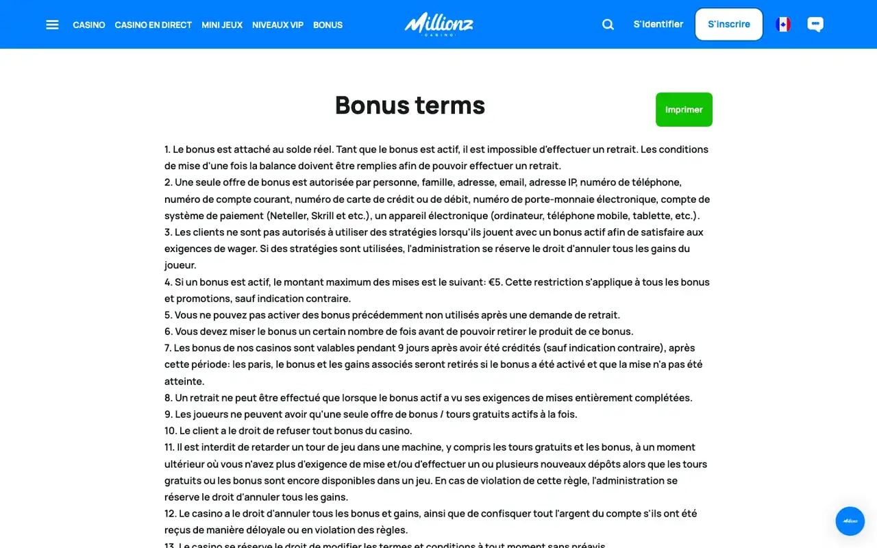 Conditions de bonus détaillant la mise maximale autorisée et la durée de validité