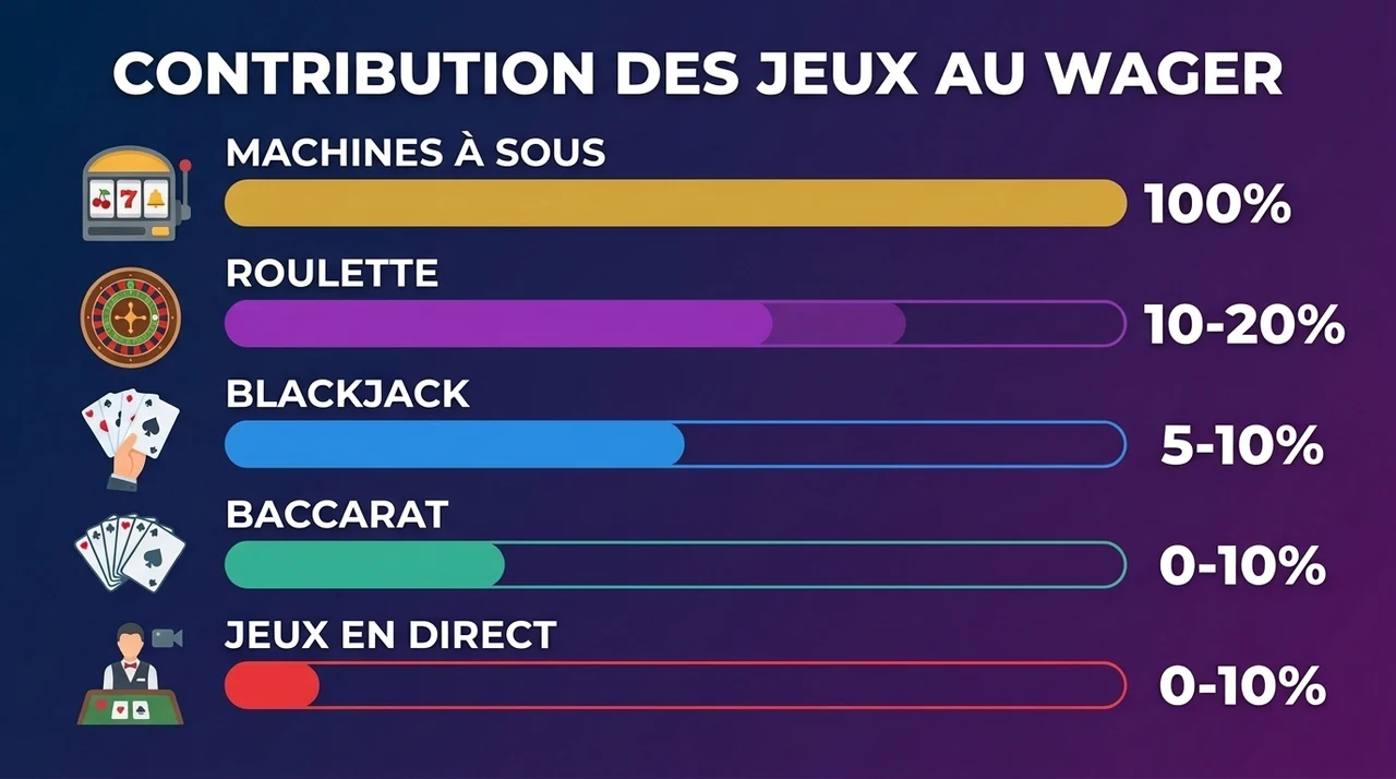 Contribution des jeux au wager d'un bonus 200% : 100 % pour les machines à sous, 10 à 20 % pour la roulette, 0 à 10 % pour les jeux en direct