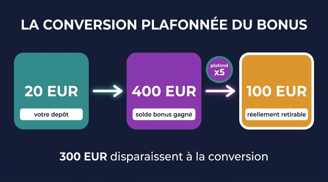 Schéma : comment la conversion plafonnée réduit un gain de bonus de 400 à 100 euros