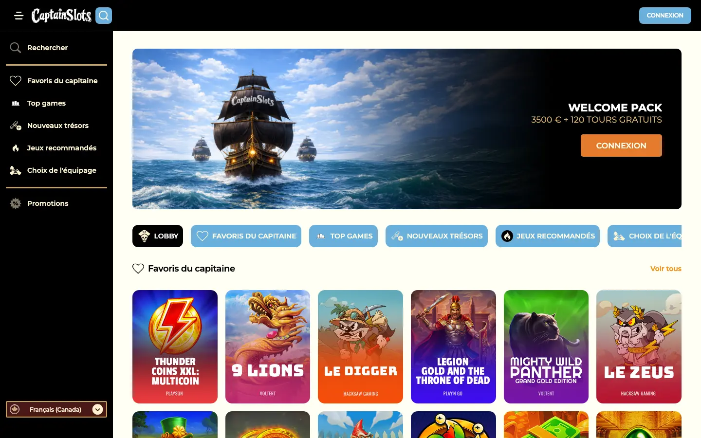 Page d'accueil de Captain Slots